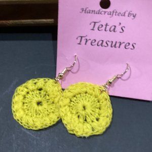 Earrings Bright Yellow Starburst Circle Crocheted Crochet Hand Crafted